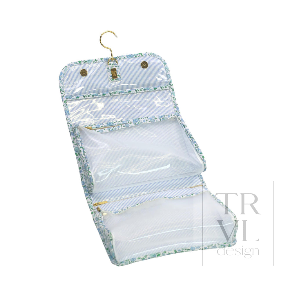 LUXE Hanging Toiletry HAMPTONS FLORAL with Chambray Pinstripe Liner - Cosmetic & Toiletry Bags