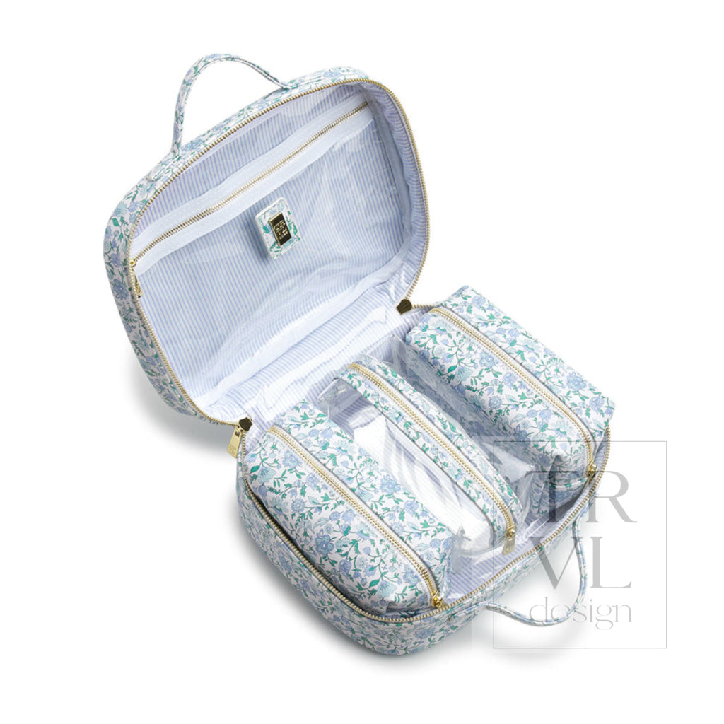 LUXE TRVL 2 Cosmetic Toiletry Case - HAMPTONS FLORAL with Chambray Pinstripe Liner - Cosmetic & Toiletry Bags