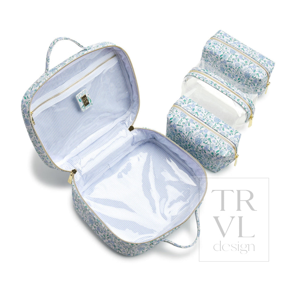 LUXE TRVL 2 Cosmetic Toiletry Case - HAMPTONS FLORAL with Chambray Pinstripe Liner - Cosmetic & Toiletry Bags
