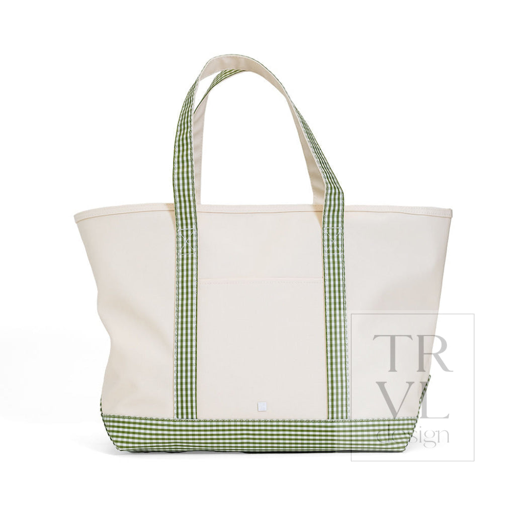 MAXI TOTE - COATED CANVAS Large NATURAL With GINGHAM MOSS TRIM - Tote Bags