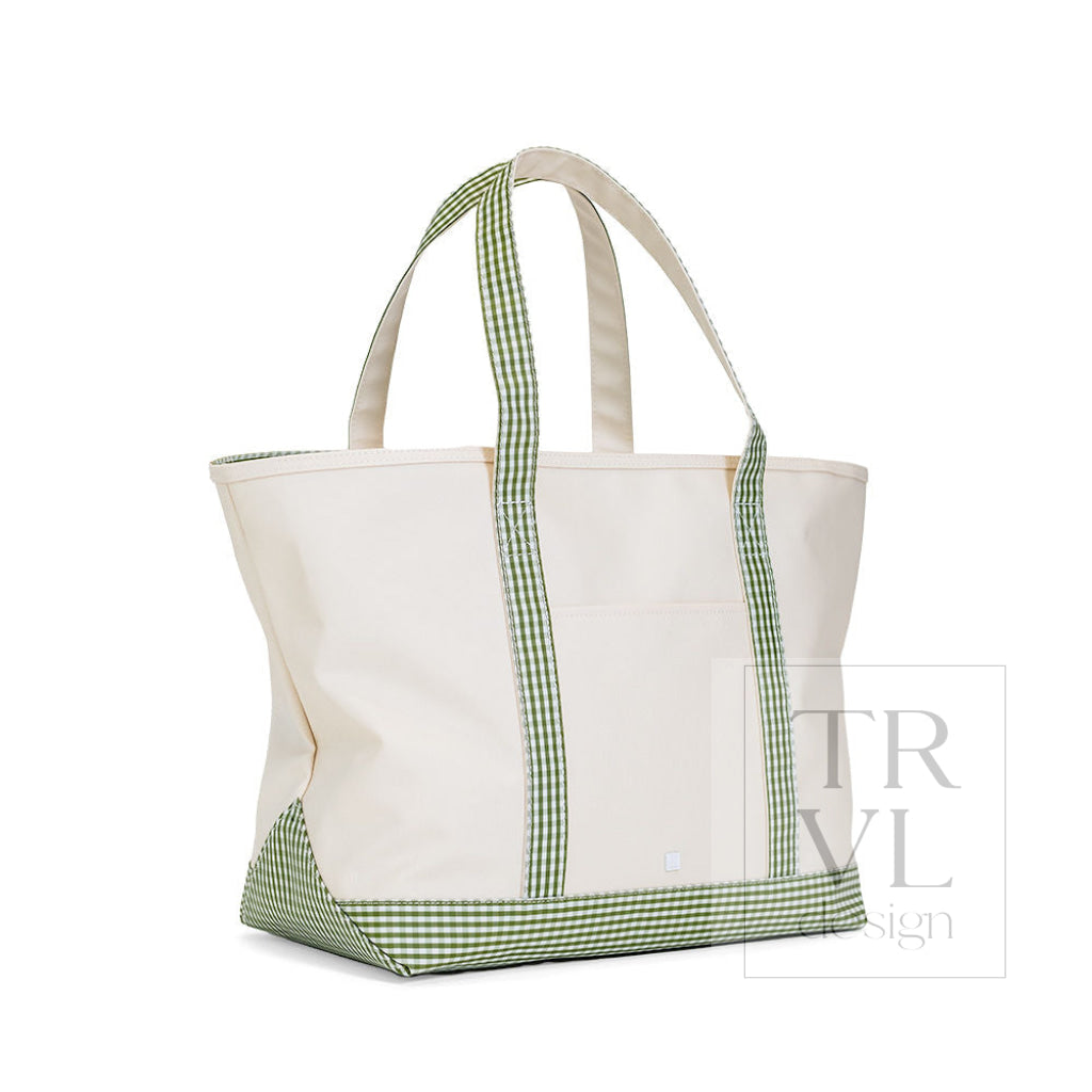 MAXI TOTE - COATED CANVAS Large NATURAL With GINGHAM MOSS TRIM - Tote Bags