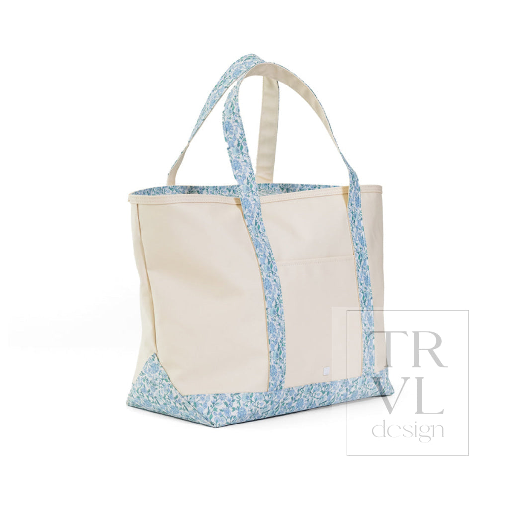 MAXI TOTE - COATED CANVAS Large NATURAL With HAMPTONS FLORAL TRIM *ETA Ship 7/15 - Tote Bags