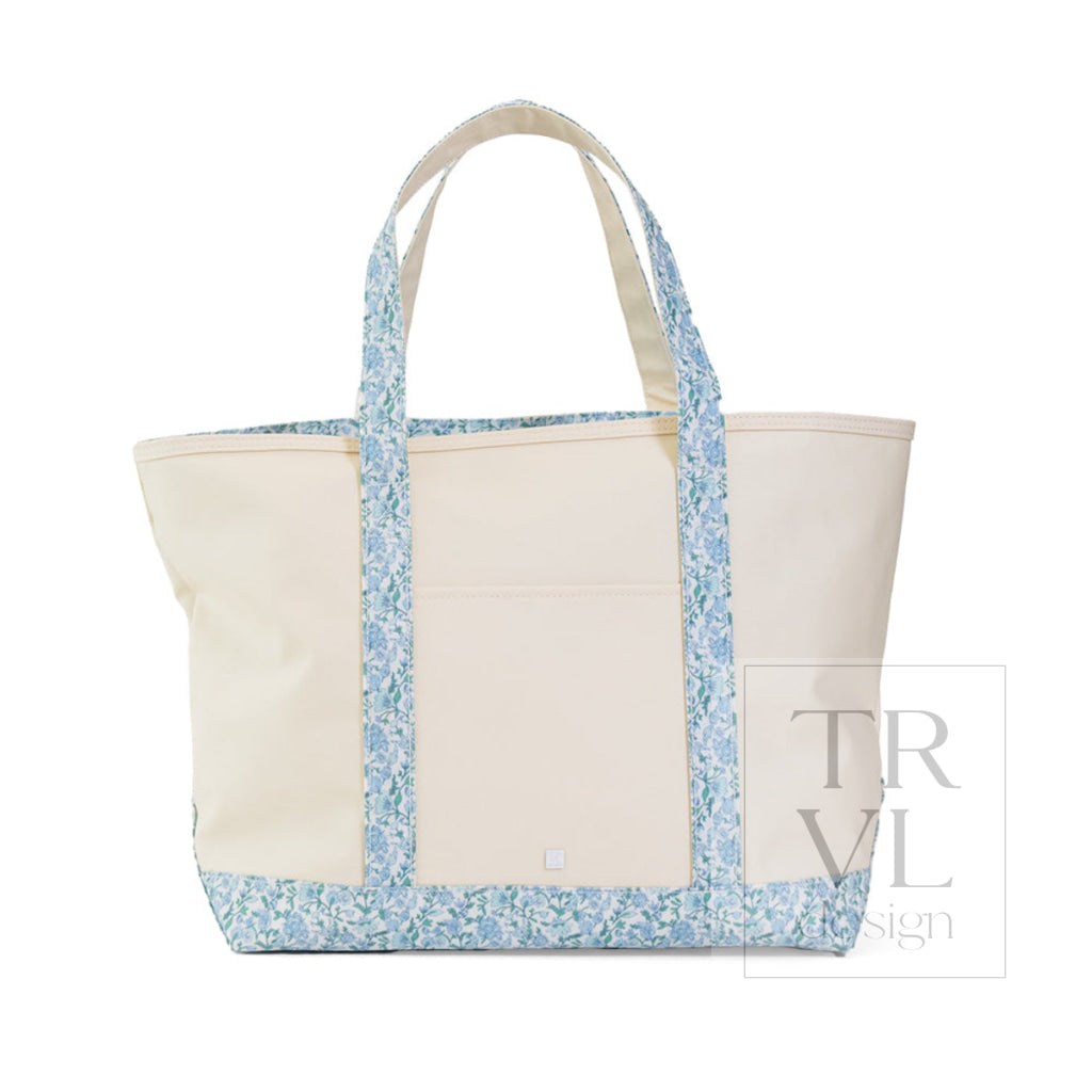 MAXI TOTE - COATED CANVAS Large NATURAL With HAMPTONS FLORAL TRIM *ETA Ship 7/15 - Tote Bags