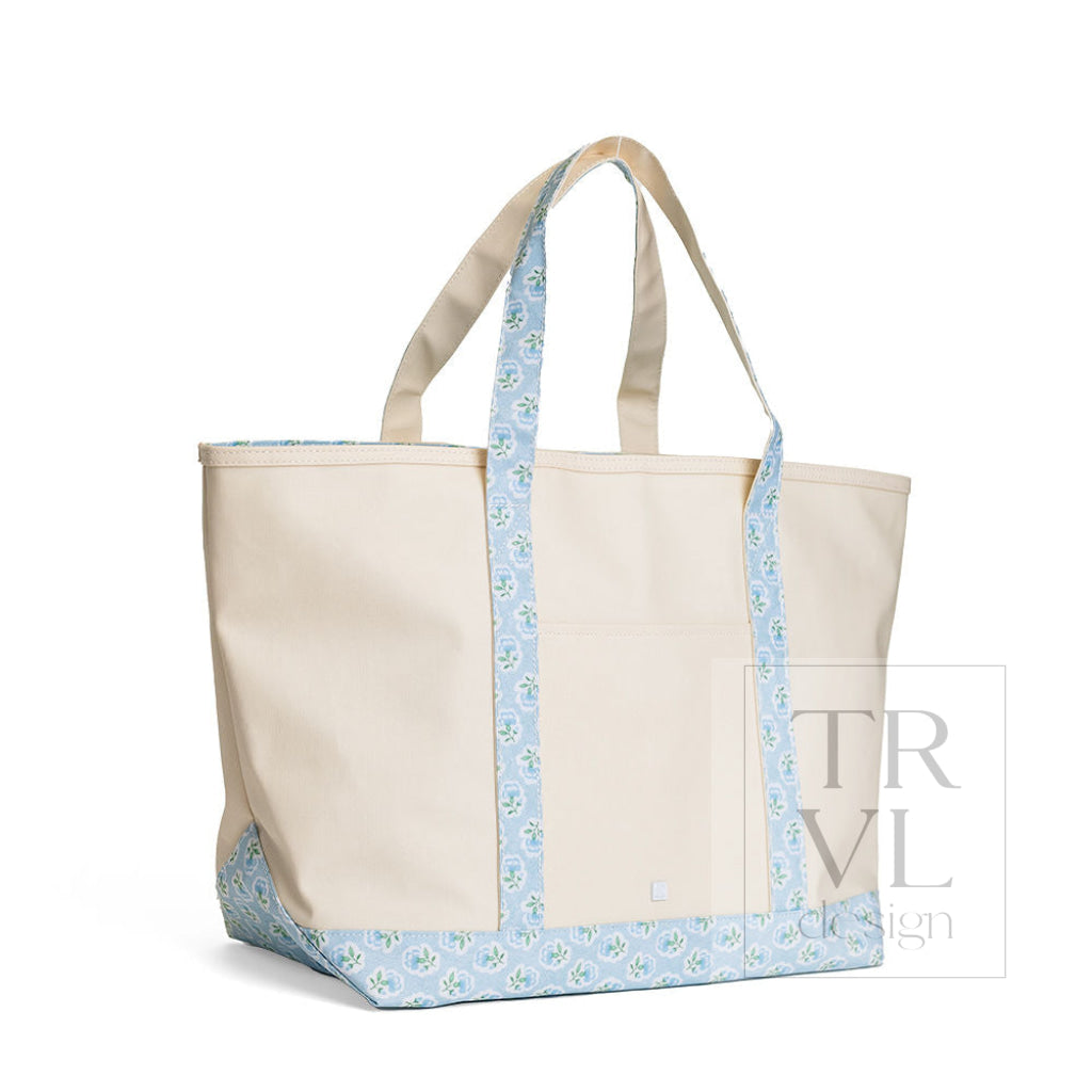 MAXI TOTE - COATED CANVAS Large NATURAL With PETITE FLEUR BLUE TRIM - Tote Bags