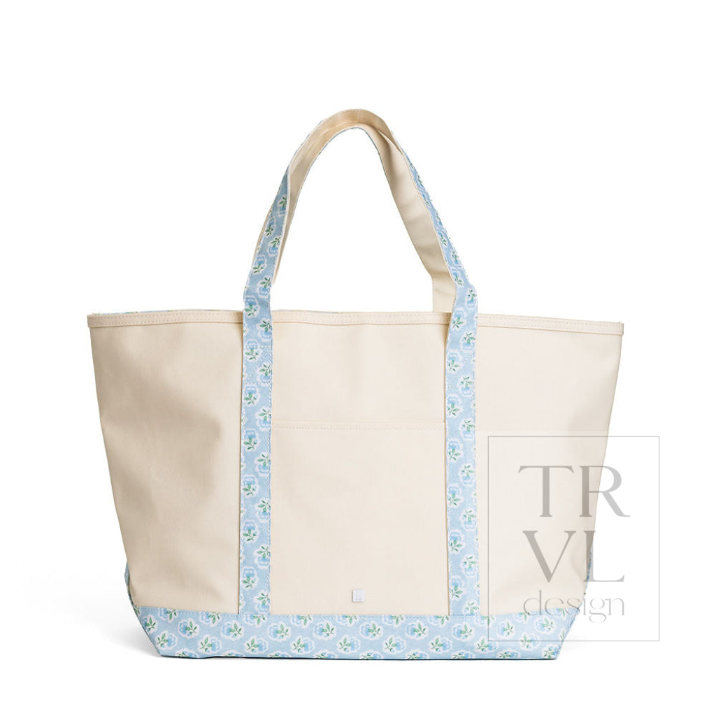 MAXI TOTE - COATED CANVAS Large NATURAL With PETITE FLEUR BLUE TRIM - Tote Bags