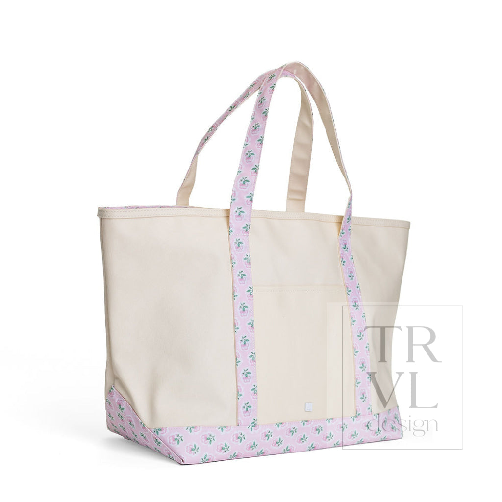 MAXI TOTE - COATED CANVAS Large NATURAL With PETITE FLEUR PINK TRIM - Tote Bags