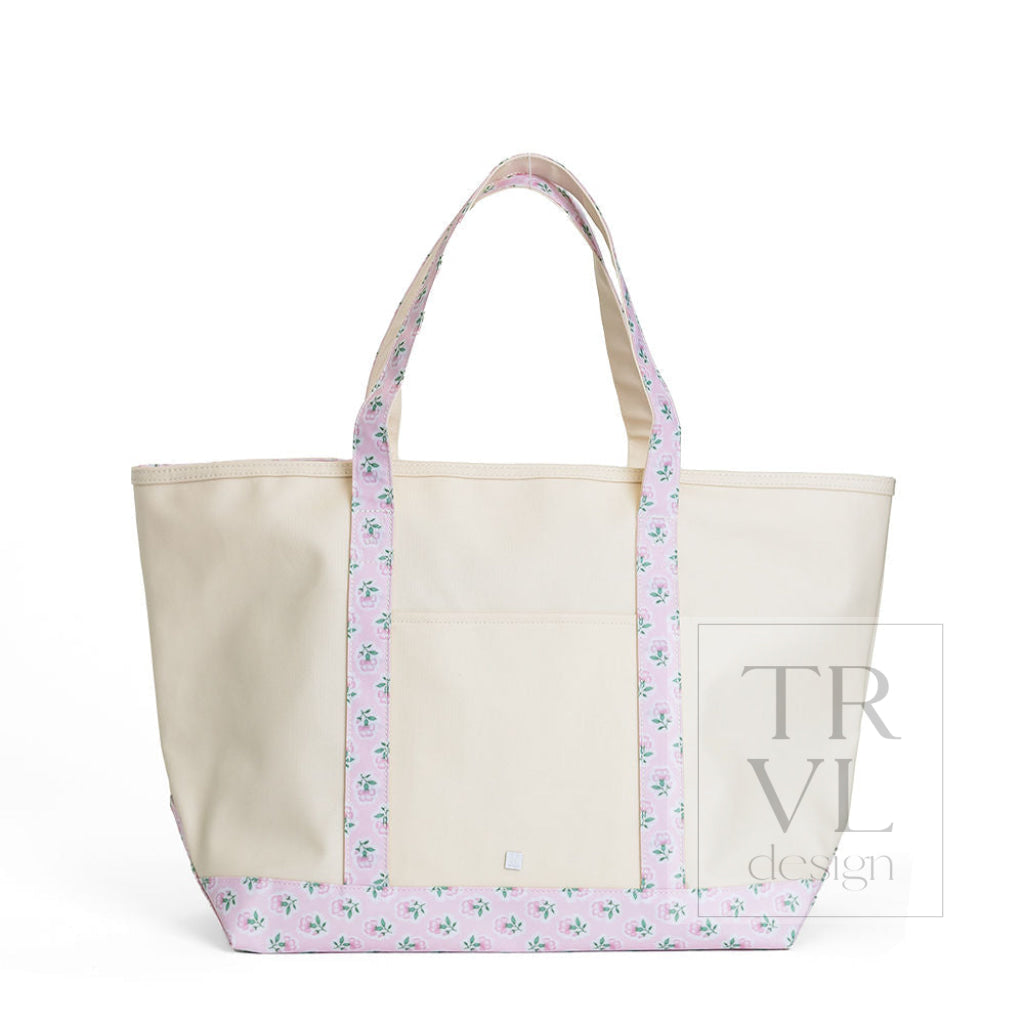 MAXI TOTE - COATED CANVAS Large NATURAL With PETITE FLEUR PINK TRIM - Tote Bags