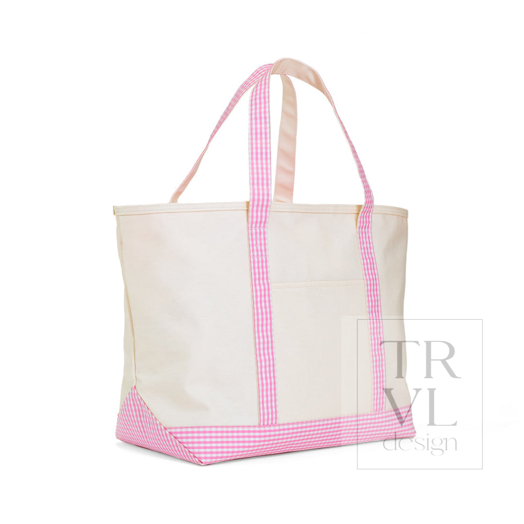 MAXI TOTE - COATED CANVAS NAT With GINGHAM PINK TRIM - Tote Bags