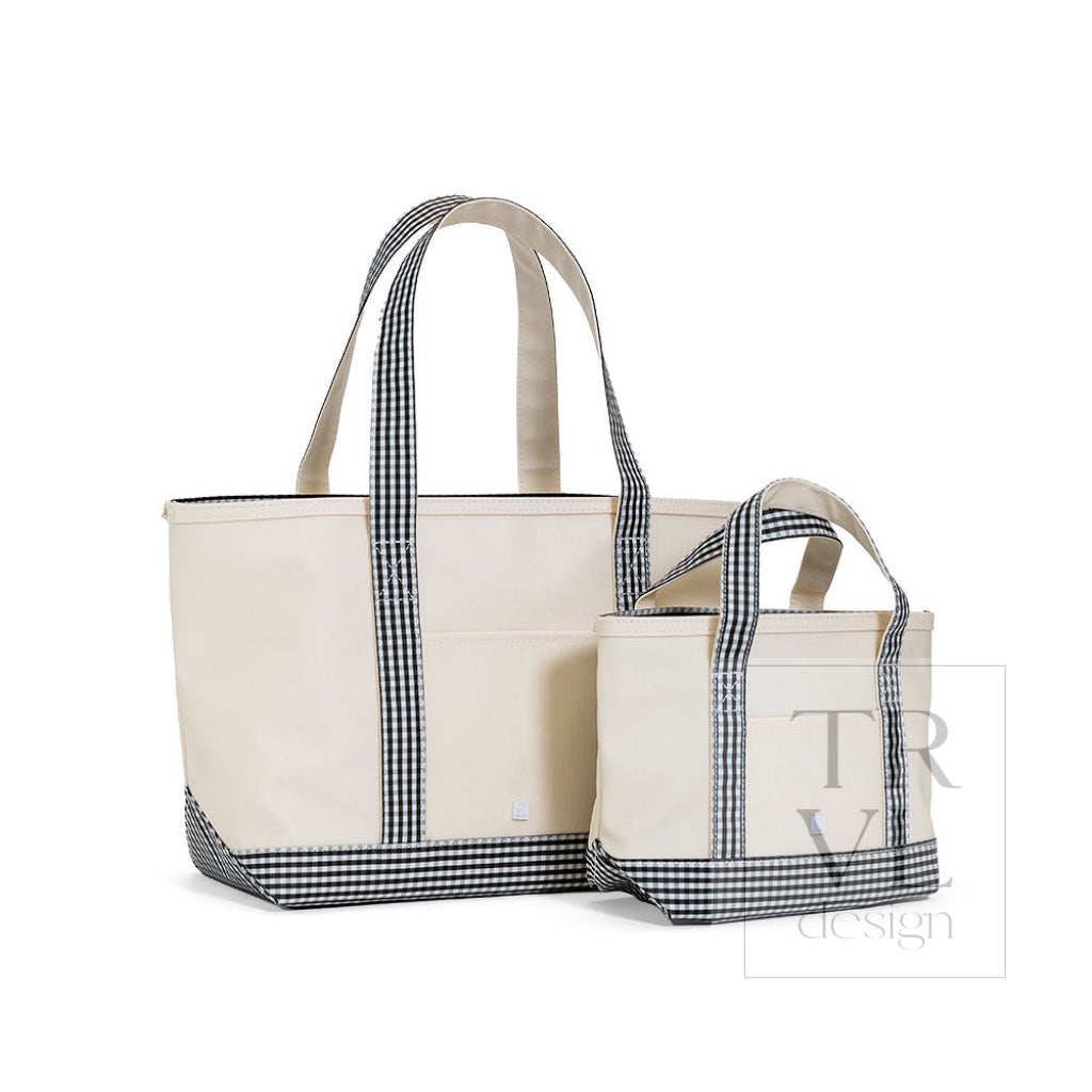 MEDIUM TOTE - COATED CANVAS NATURAL with GINGHAM BLACK TRIM - Tote Bags