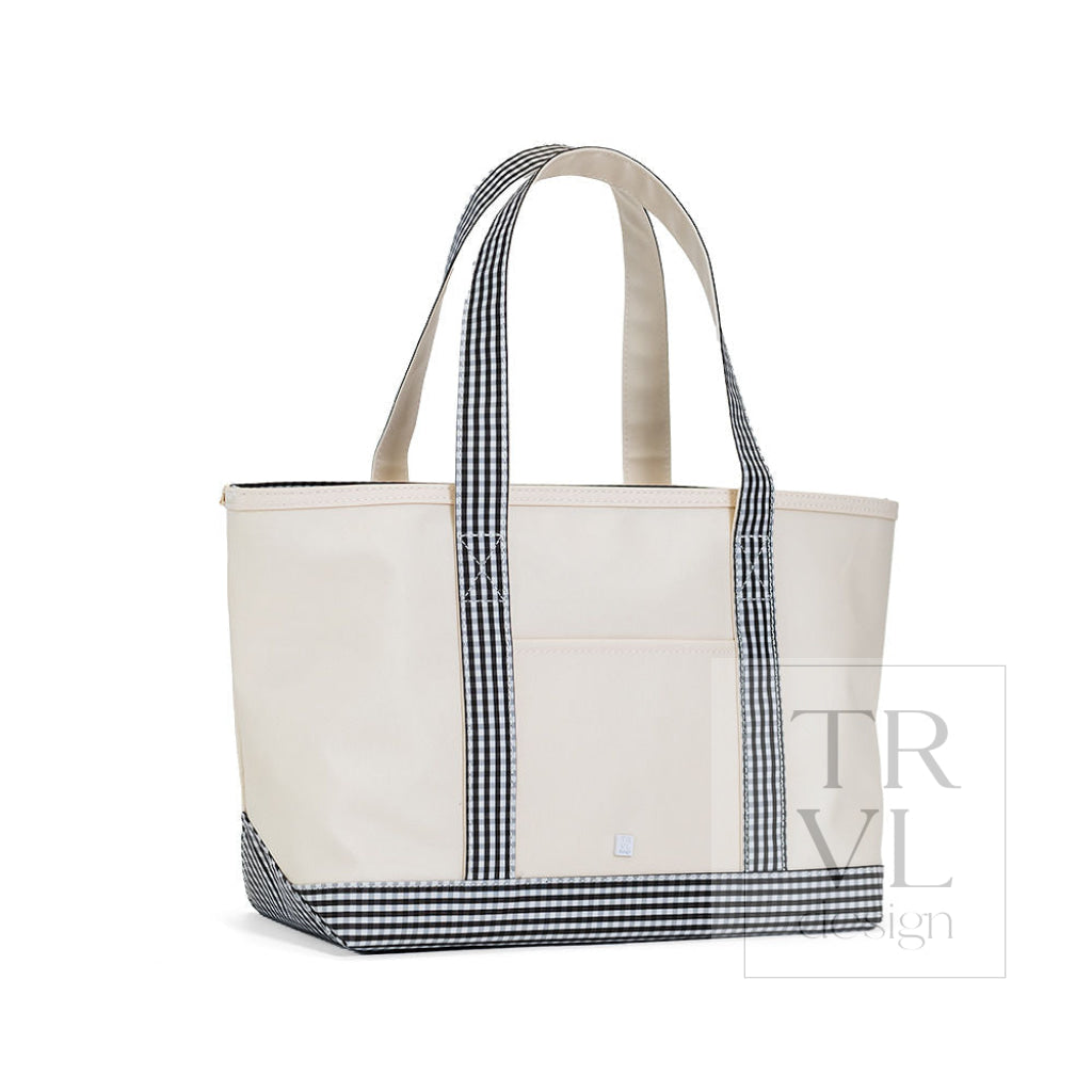 MEDIUM TOTE - COATED CANVAS NATURAL with GINGHAM BLACK TRIM - Tote Bags