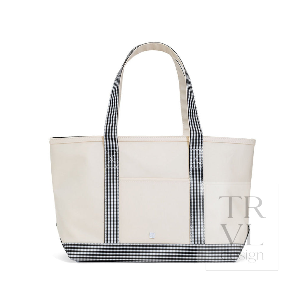 MEDIUM TOTE - COATED CANVAS NATURAL with GINGHAM BLACK TRIM - Tote Bags