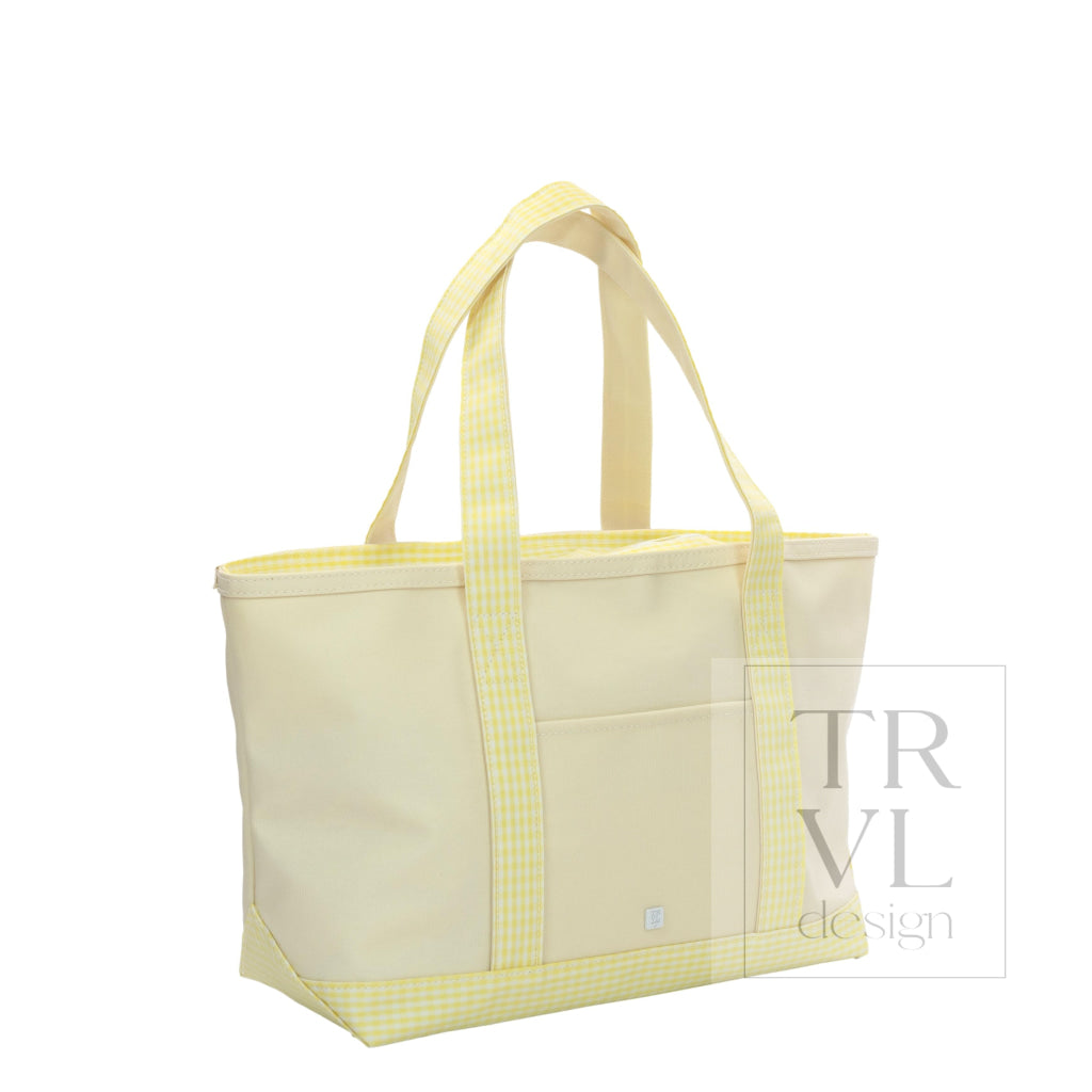 MEDIUM TOTE - COATED CANVAS NATURAL with GINGHAM BUTTERCUP TRIM - Tote Bags