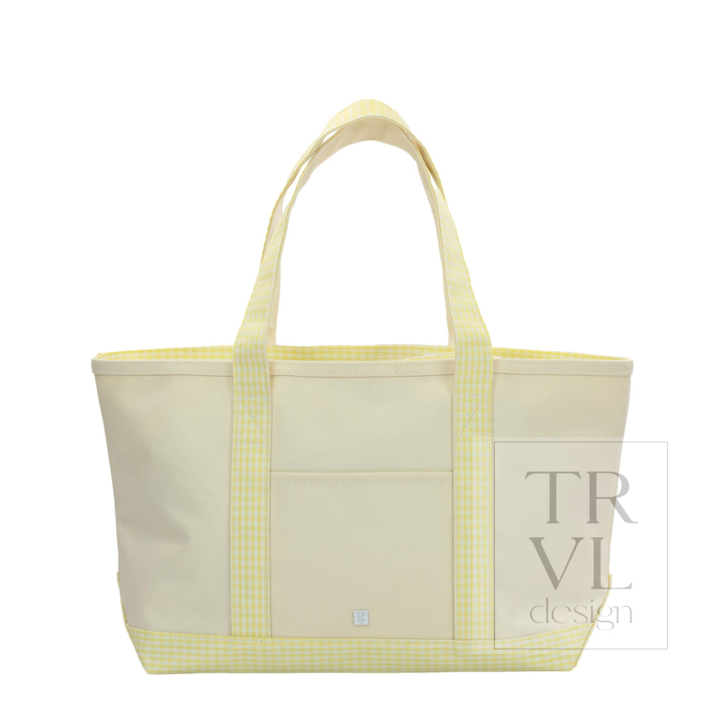 MEDIUM TOTE - COATED CANVAS NATURAL with GINGHAM BUTTERCUP TRIM - Tote Bags