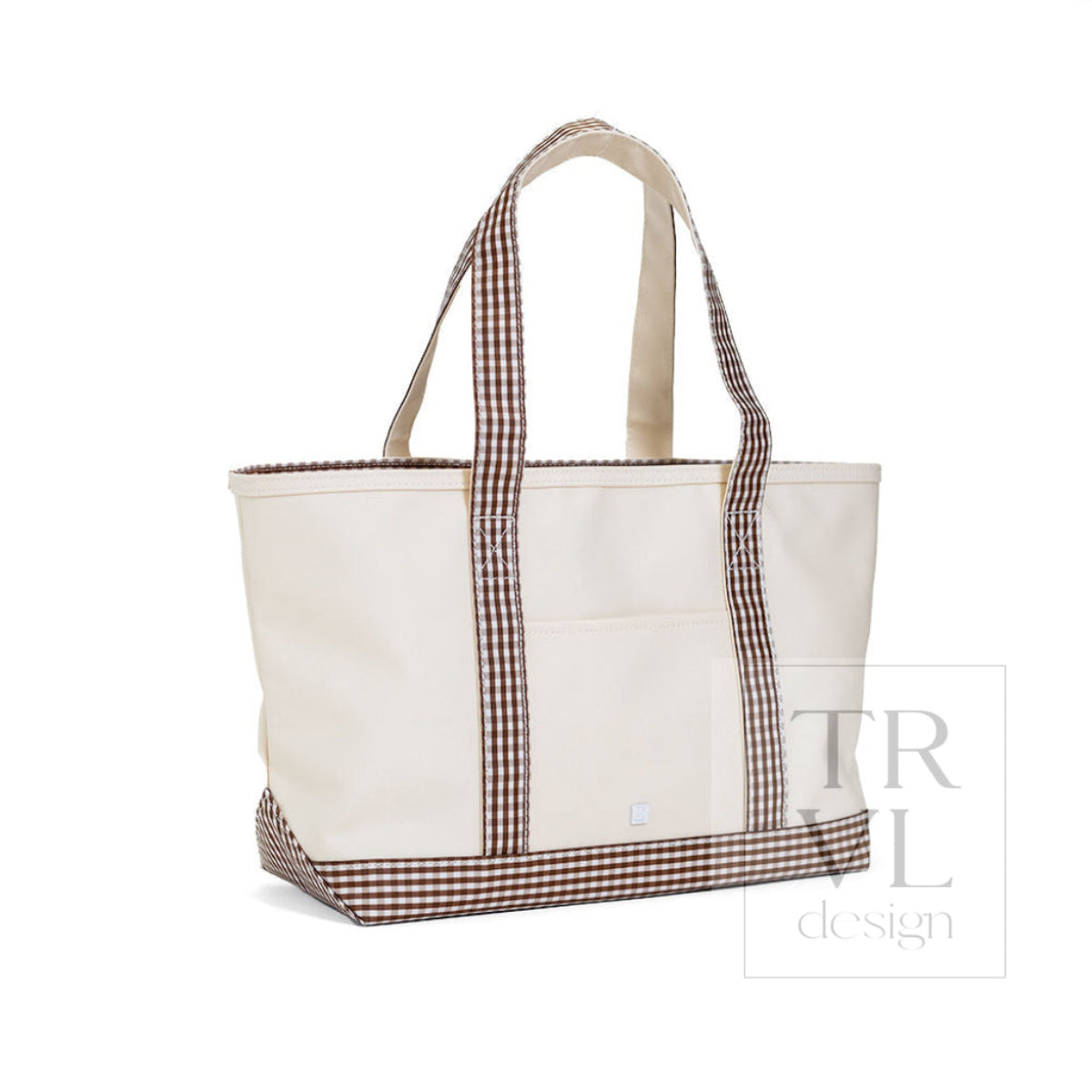 MEDIUM TOTE - COATED CANVAS NATURAL with GINGHAM COCO TRIM - Tote Bags