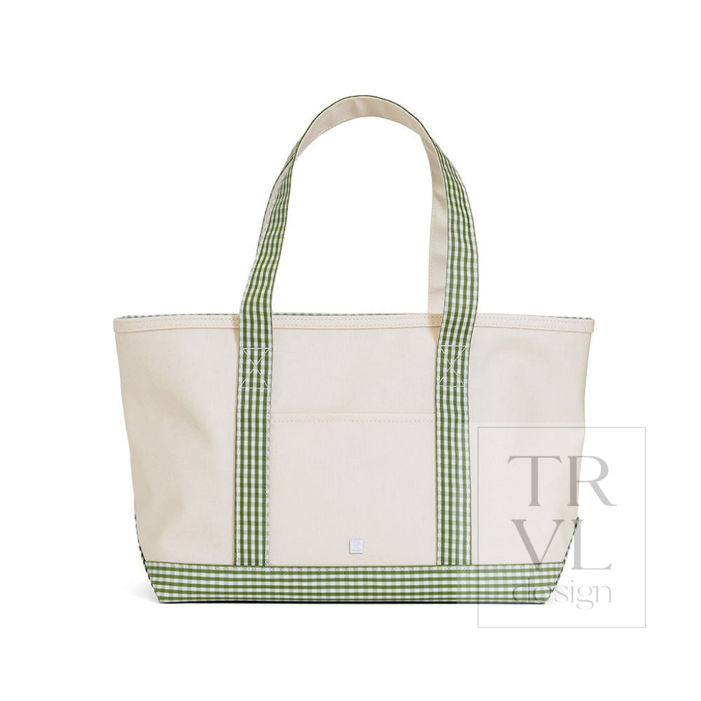MEDIUM TOTE - COATED CANVAS NATURAL with GINGHAM MOSS TRIM - Tote Bags