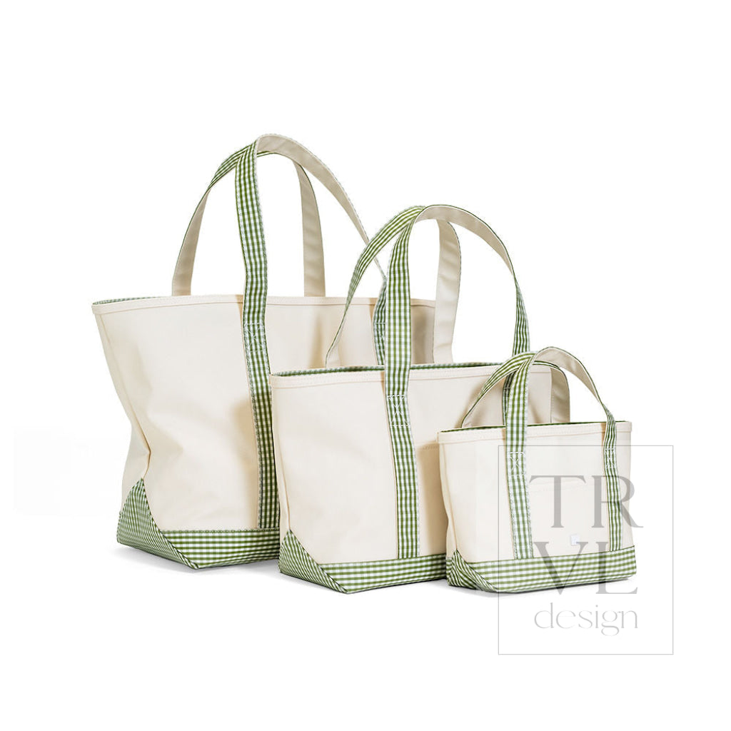 MEDIUM TOTE - COATED CANVAS NATURAL with GINGHAM MOSS TRIM - Tote Bags