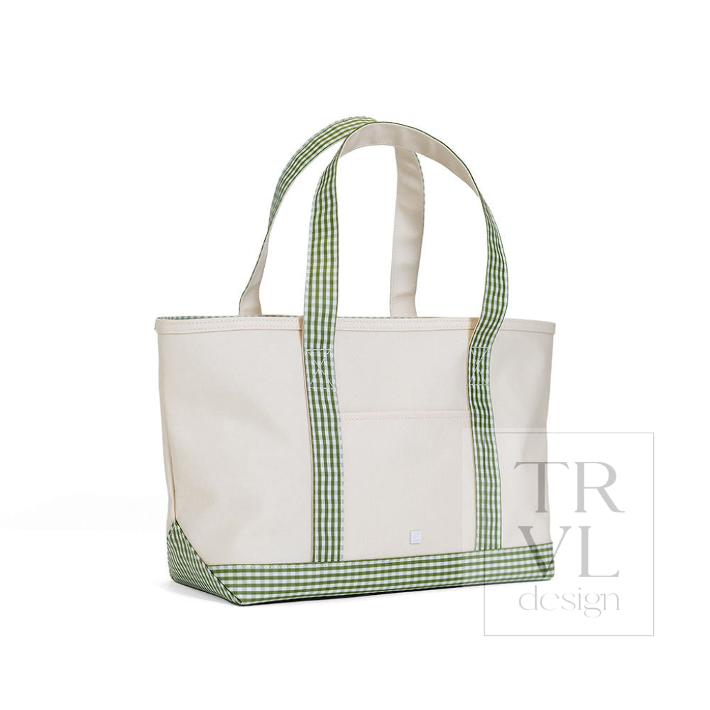 MEDIUM TOTE - COATED CANVAS NATURAL with GINGHAM MOSS TRIM - Tote Bags