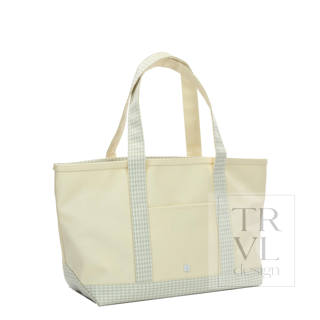 MEDIUM TOTE - COATED CANVAS NATURAL with GINGHAM PEARL GREY TRIM - Tote Bags