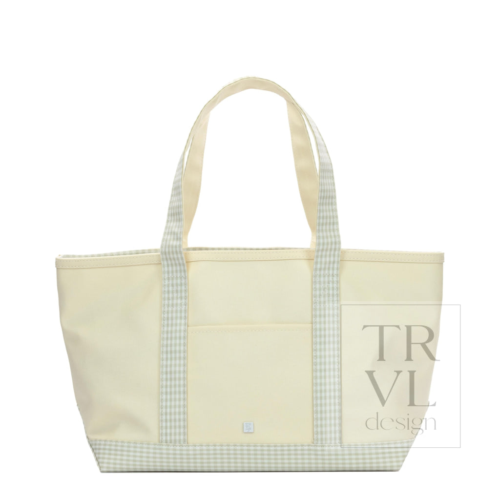 MEDIUM TOTE - COATED CANVAS NATURAL with GINGHAM PEARL GREY TRIM - Tote Bags