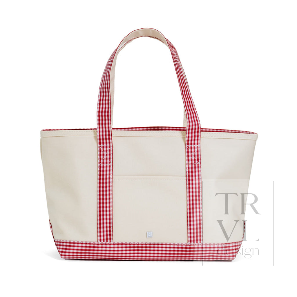 MEDIUM TOTE - COATED CANVAS NATURAL with GINGHAM RED TRIM - Tote Bags