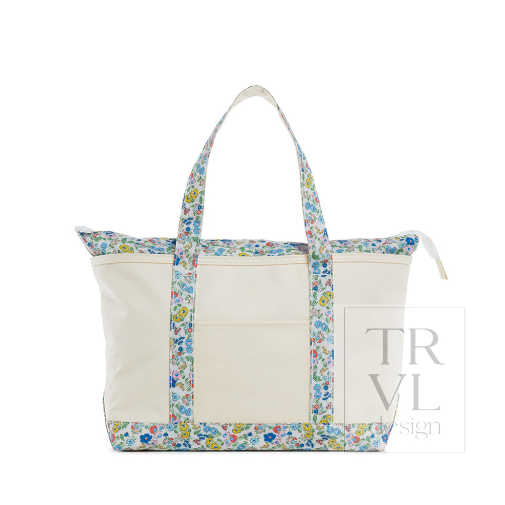 MEDIUM TOTE - COATED CANVAS NATURAL with POSIES TRIM - Tote Bags