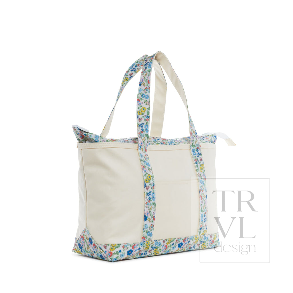 MEDIUM TOTE - COATED CANVAS NATURAL with POSIES TRIM - Tote Bags