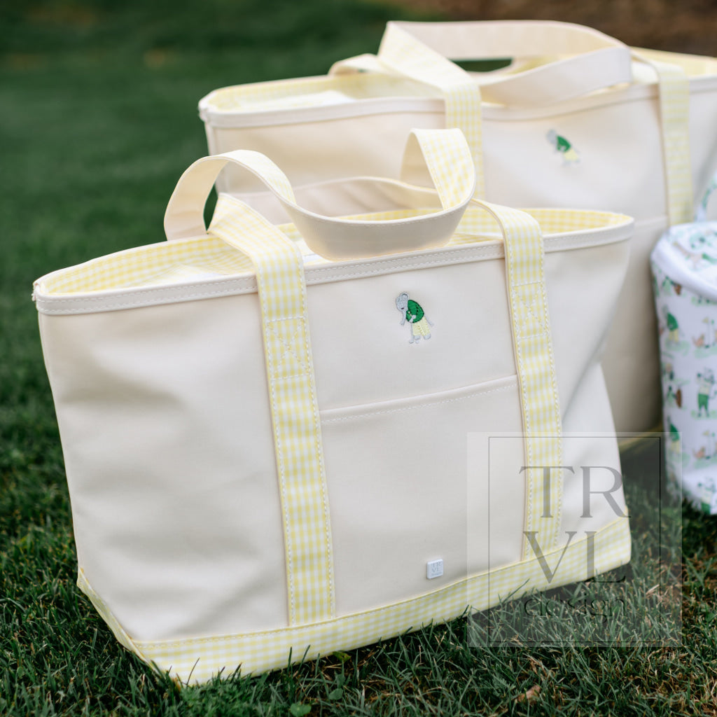 MEDIUM TOTE - ERNIE COATED CANVAS NATURAL with BUTTERCUP TRIM - Tote Bags