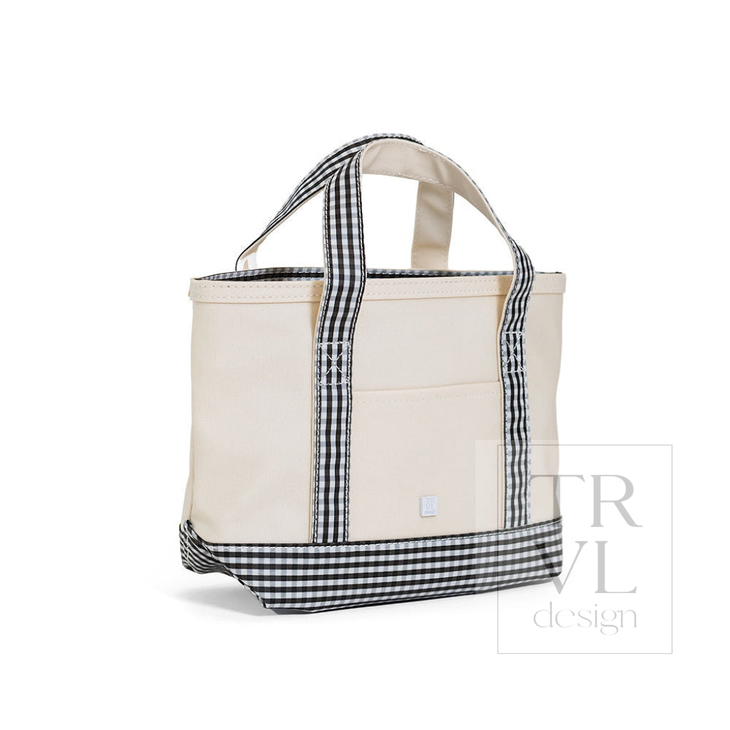MINI TOTE - COATED CANVAS NATURAL With GINGHAM BLACK TRIM - Tote Bags