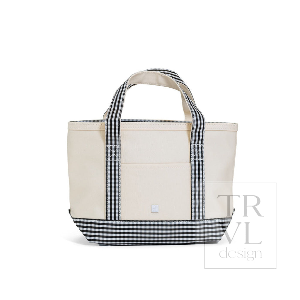 MINI TOTE - COATED CANVAS NATURAL With GINGHAM BLACK TRIM - Tote Bags