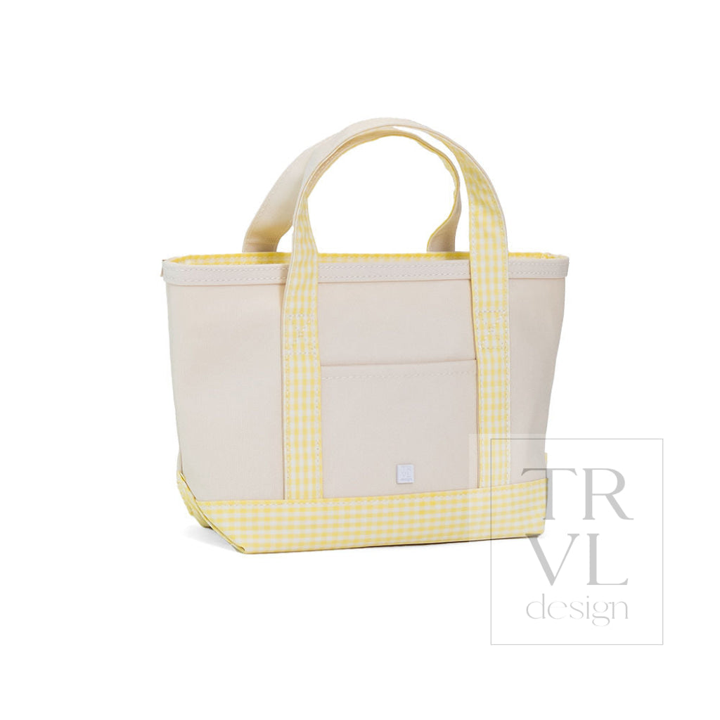 MINI TOTE - COATED CANVAS NATURAL With GINGHAM BUTTERCUP TRIM - Tote Bags