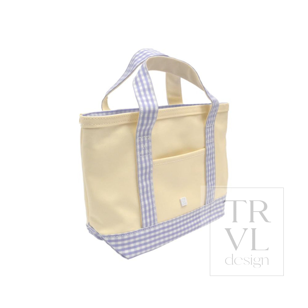 MINI TOTE - COATED CANVAS NATURAL With GINGHAM LILAC TRIM - Tote Bags