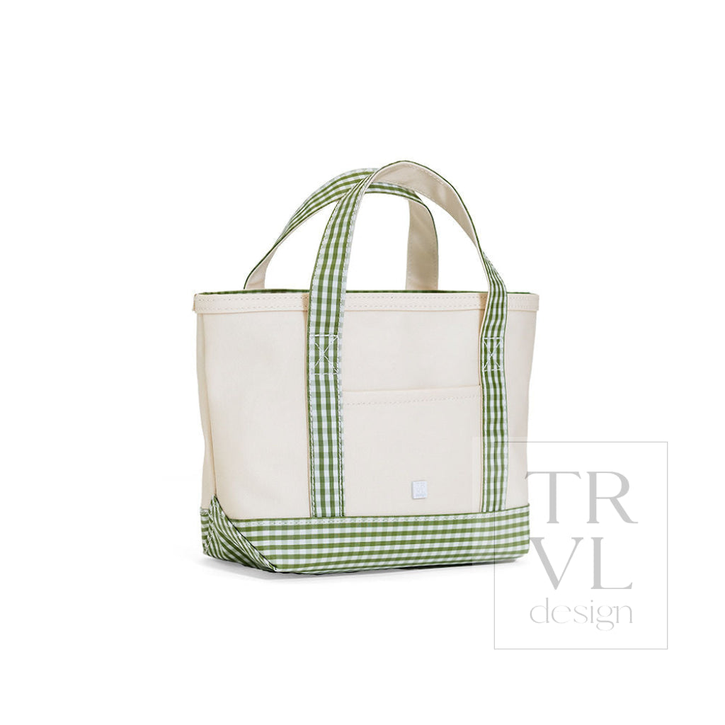 MINI TOTE - COATED CANVAS NATURAL With GINGHAM MOSS TRIM - Tote Bags