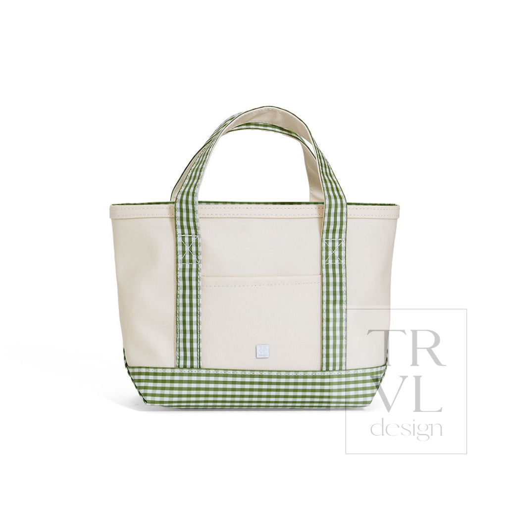 MINI TOTE - COATED CANVAS NATURAL With GINGHAM MOSS TRIM - Tote Bags