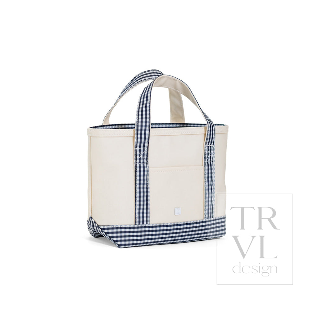 MINI TOTE - COATED CANVAS NATURAL With GINGHAM NAVY TRIM - Tote Bags