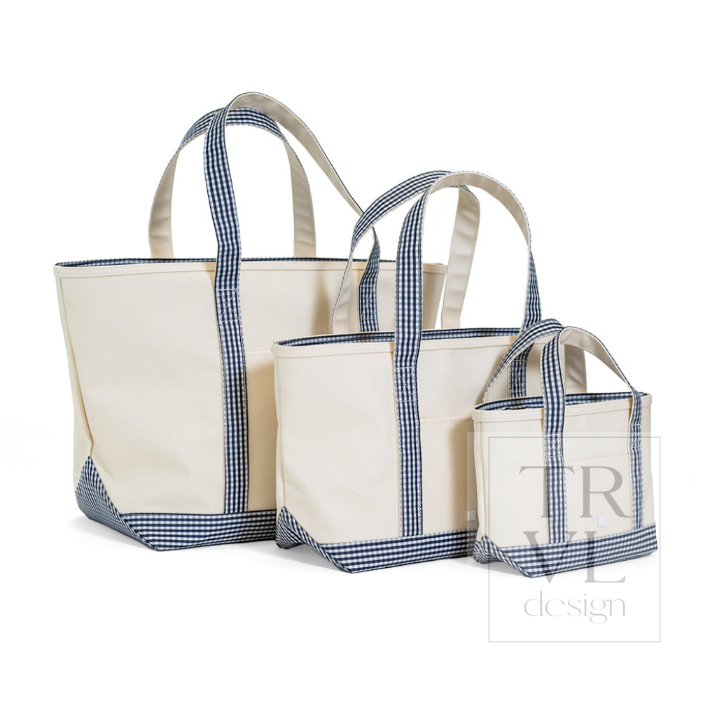 MINI TOTE - COATED CANVAS NATURAL With GINGHAM NAVY TRIM - Tote Bags