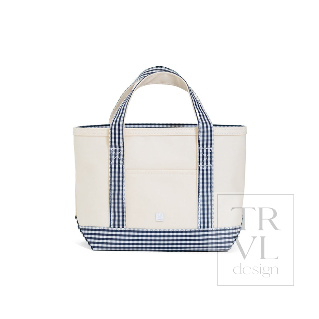 MINI TOTE - COATED CANVAS NATURAL With GINGHAM NAVY TRIM - Tote Bags