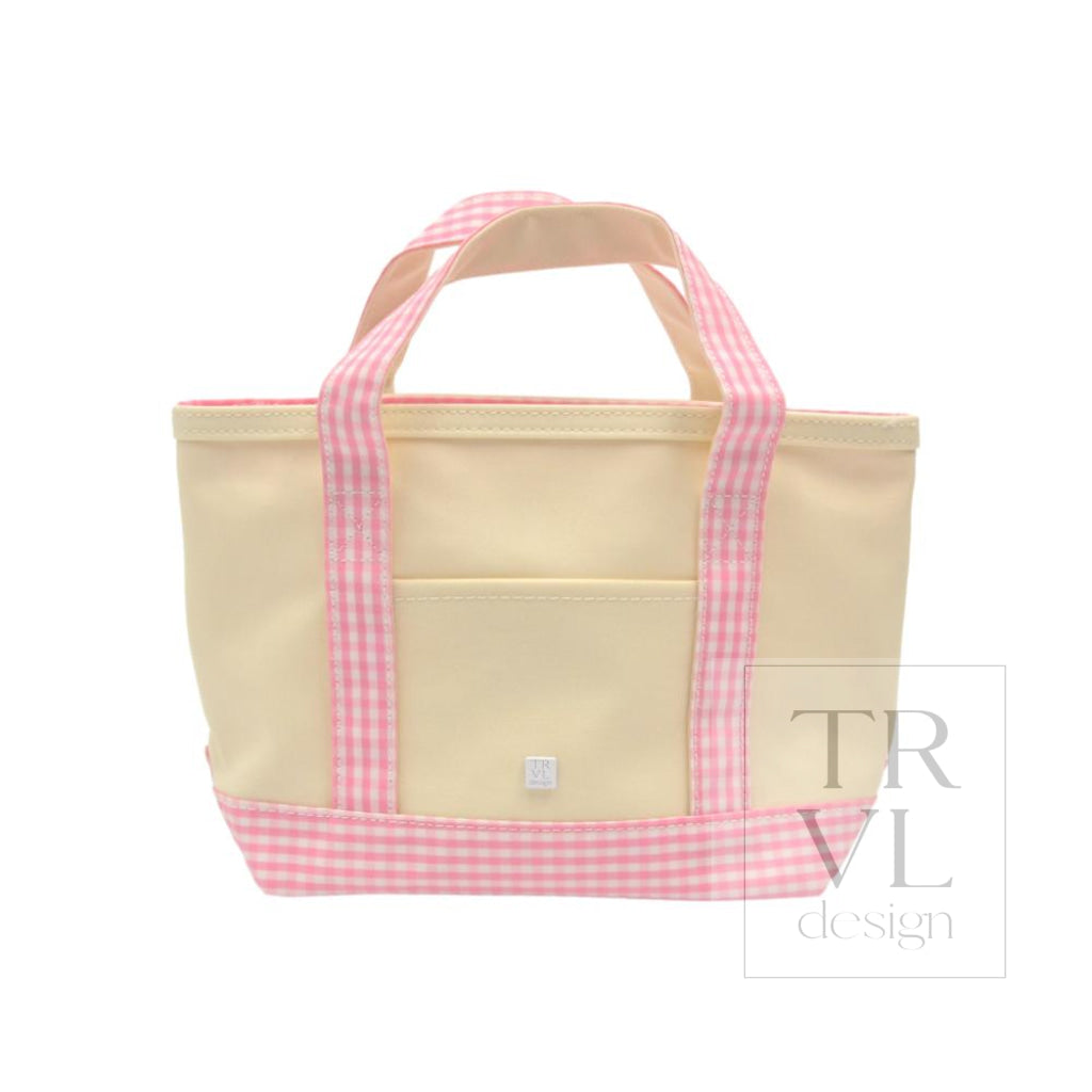 MINI TOTE - COATED CANVAS NATURAL With GINGHAM PINK TRIM - Tote Bags