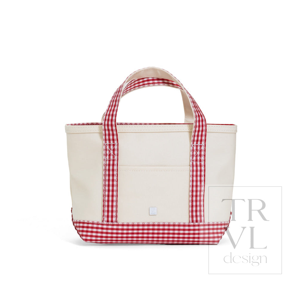 MINI TOTE - COATED CANVAS NATURAL With GINGHAM RED TRIM - Tote Bags