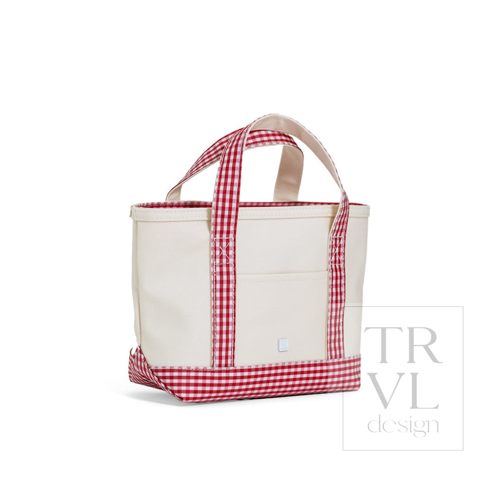 MINI TOTE - COATED CANVAS NATURAL With GINGHAM RED TRIM - Tote Bags