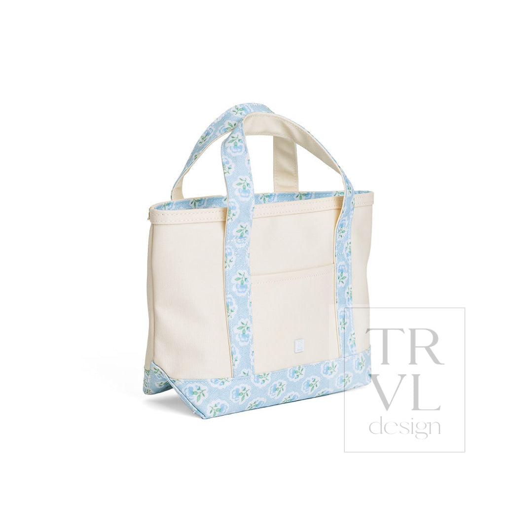 MINI TOTE - COATED CANVAS NATURAL With PETITE FLEUR BLUE TRIM - Tote Bags