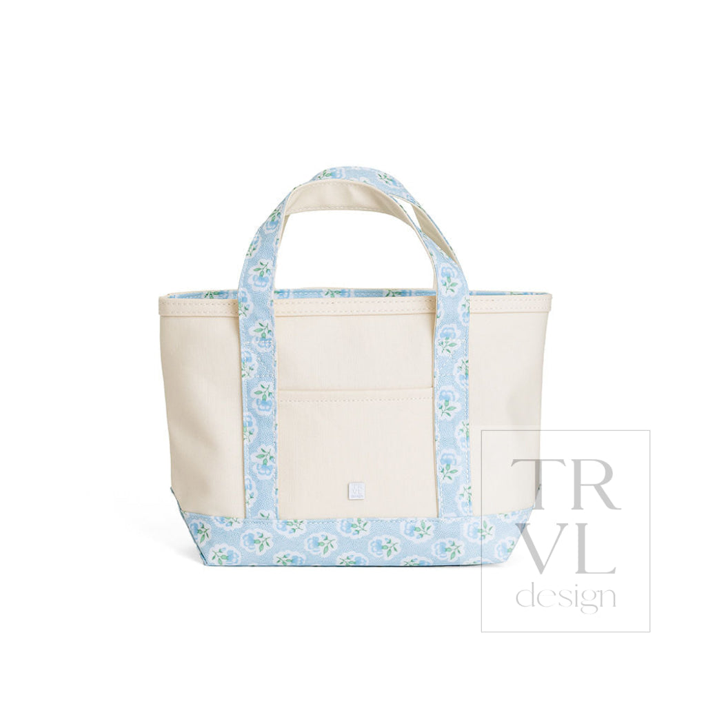 MINI TOTE - COATED CANVAS NATURAL With PETITE FLEUR BLUE TRIM - Tote Bags