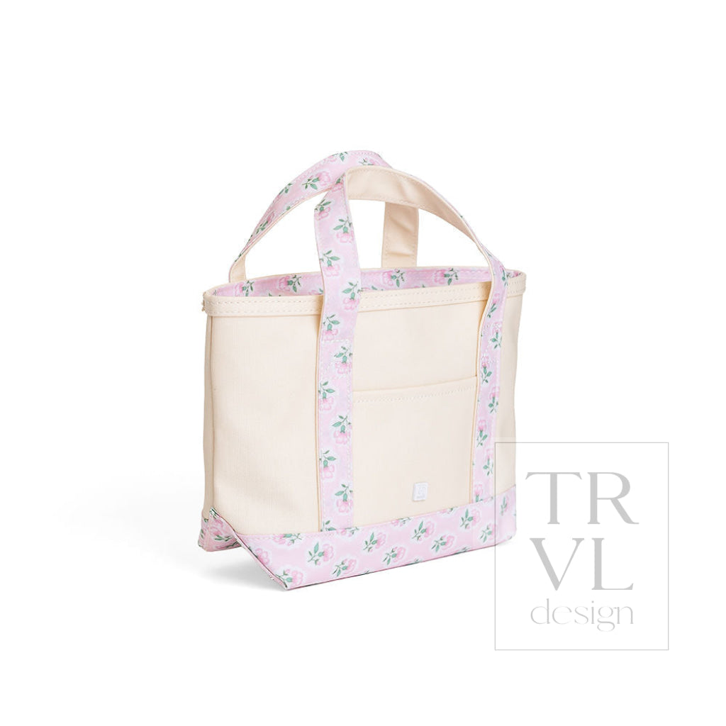 MINI TOTE - COATED CANVAS NATURAL With PETITE FLEUR PINK TRIM - Tote Bags
