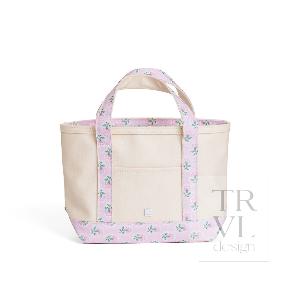 MINI TOTE - COATED CANVAS NATURAL With PETITE FLEUR PINK TRIM - Tote Bags