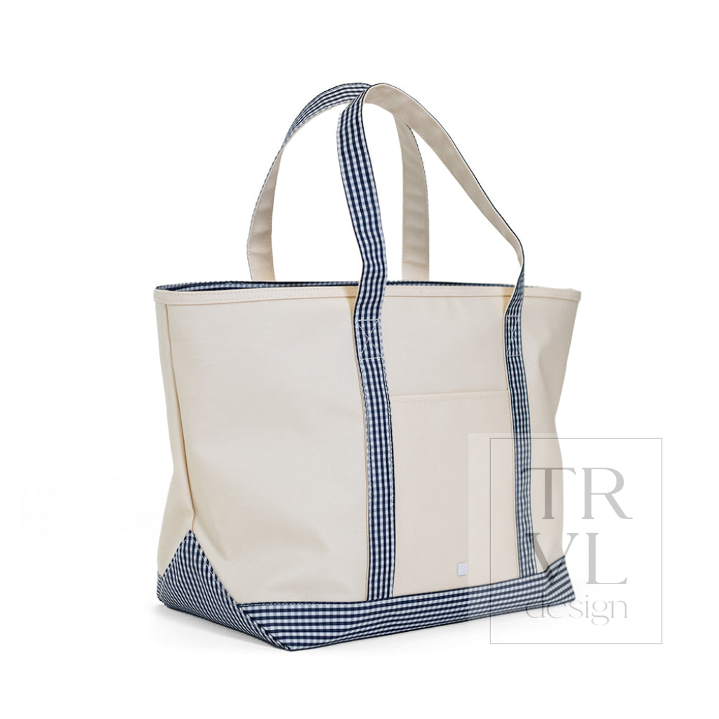 MAXI TOTE - COATED CANVAS Large NATURAL With GINGHAM NAVY TRIM - Tote Bags