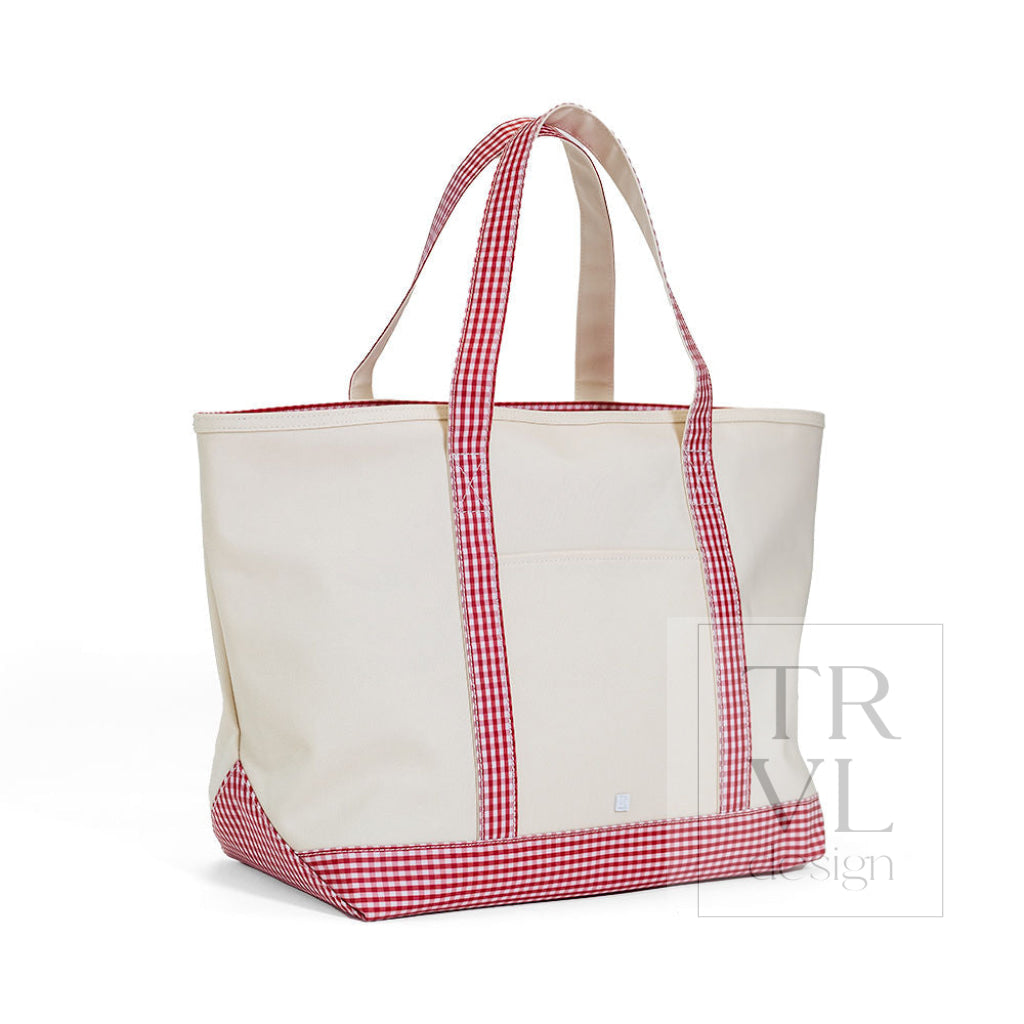 MAXI TOTE - COATED CANVAS Large NATURAL With GINGHAM RED TRIM - Tote Bags