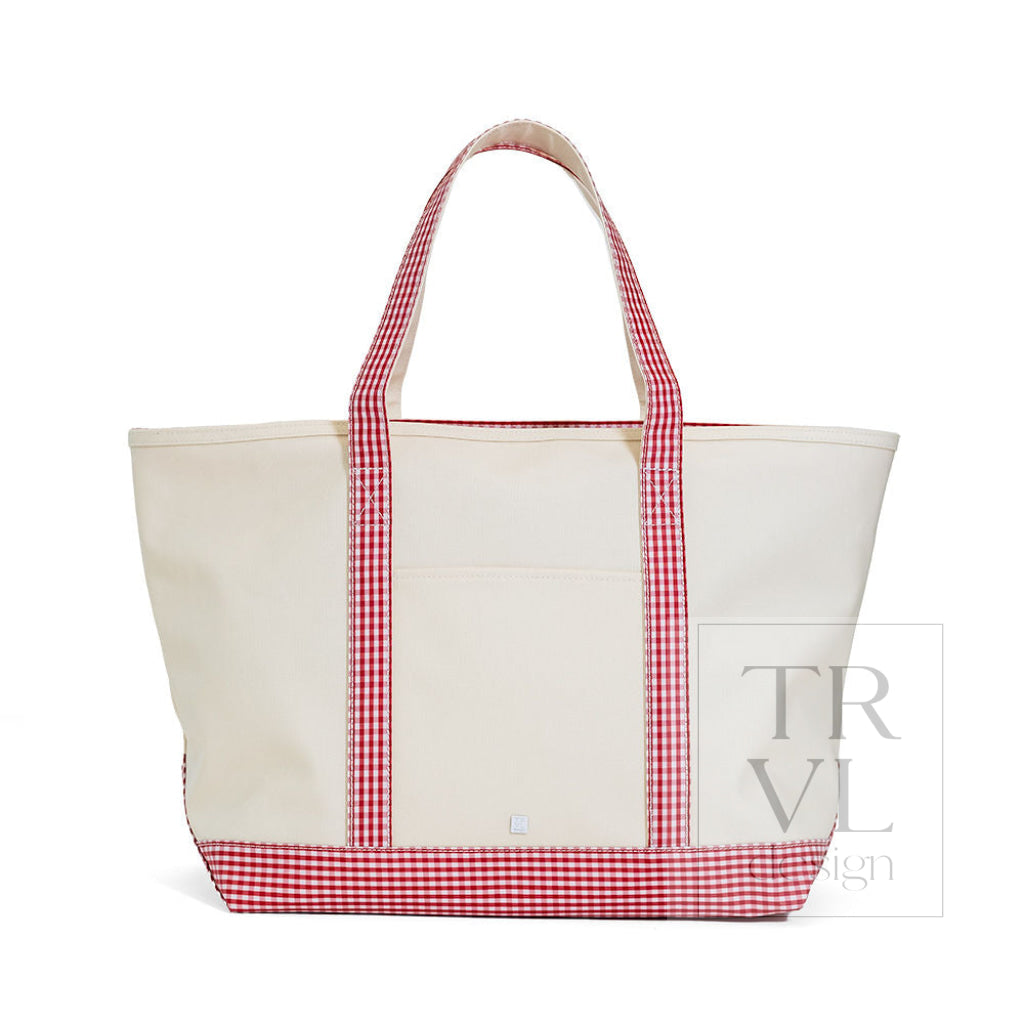 MAXI TOTE - COATED CANVAS Large NATURAL With GINGHAM RED TRIM - Tote Bags