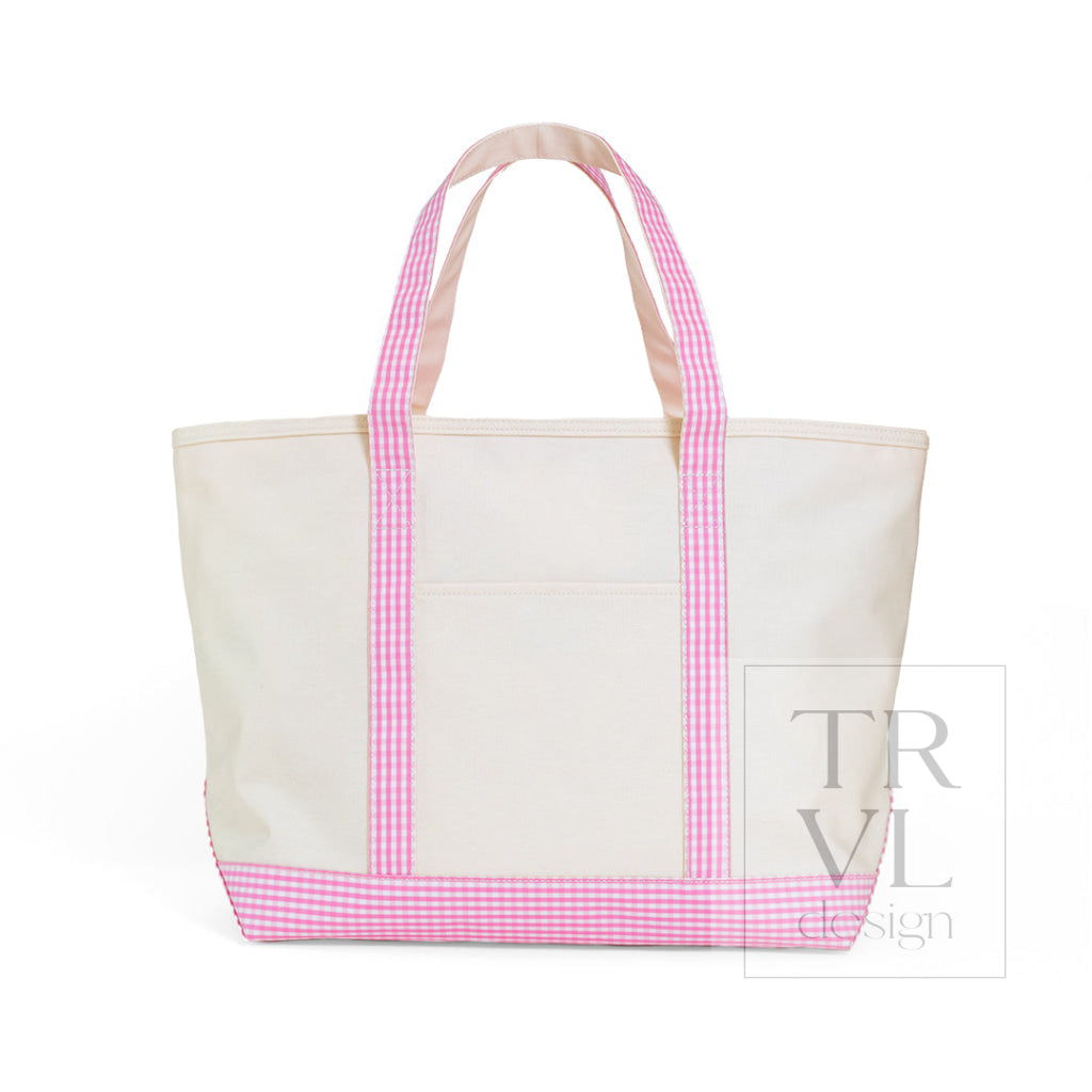 MAXI TOTE - COATED CANVAS NAT With GINGHAM PINK TRIM - Tote Bags
