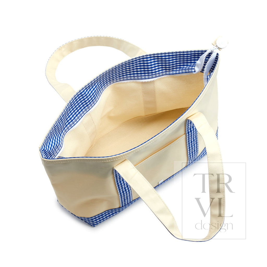 MEDIUM TOTE - COATED CANVAS NATURAL with GINGHAM MIST TRIM - Tote Bags