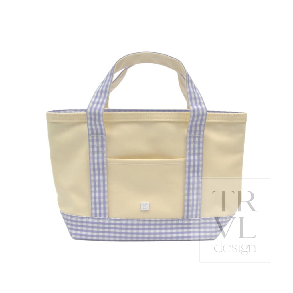 MINI TOTE - COATED CANVAS NATURAL With GINGHAM LILAC TRIM - Tote Bags
