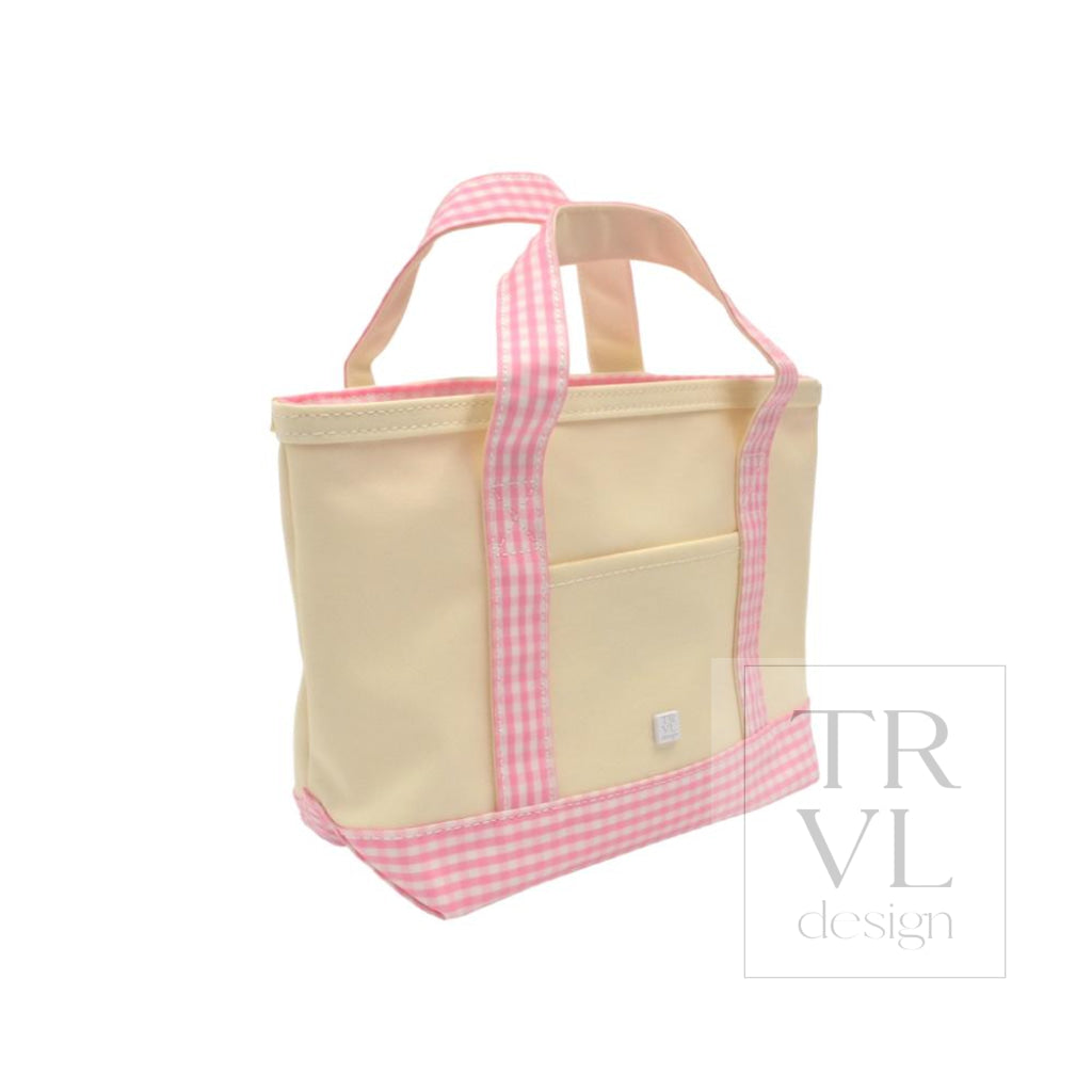 MINI TOTE - COATED CANVAS NATURAL With GINGHAM PINK TRIM - Tote Bags